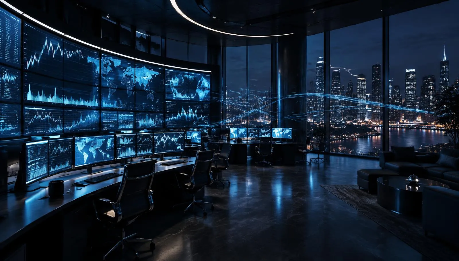 Financial trading operations floor at night with panoramic market monitoring displays and glowing blue transaction streams.