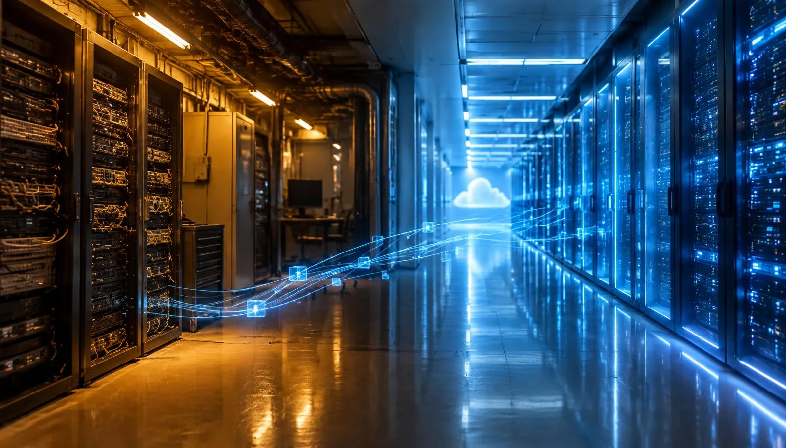Legacy server room in warm amber transitioning into a modern cloud data centre in electric blue, linked by glowing service pathways.