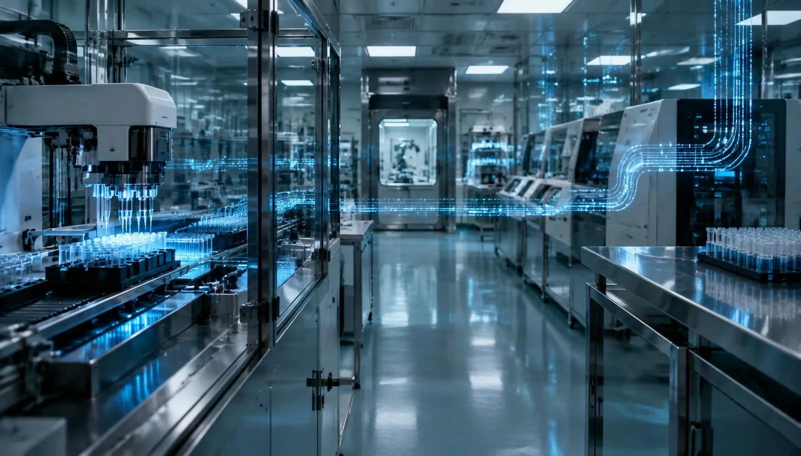 High-security clinical laboratory with automated analysers and glowing blue data validation streams.