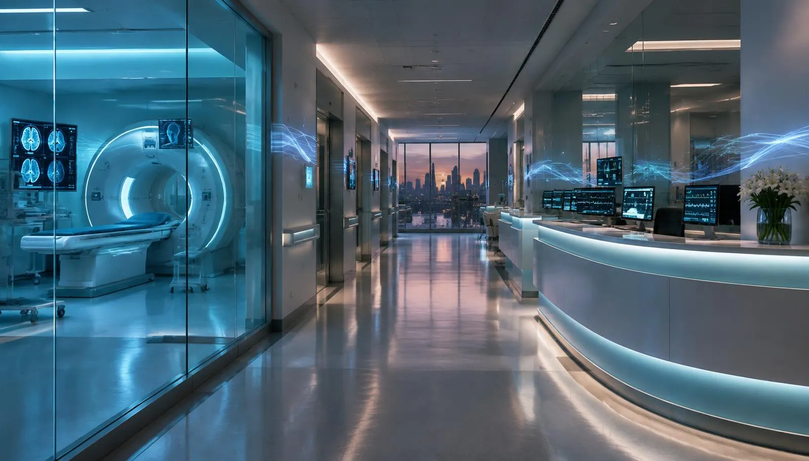 Modern hospital corridor and nursing station at twilight with diagnostic suites and soft blue clinical data flows.
