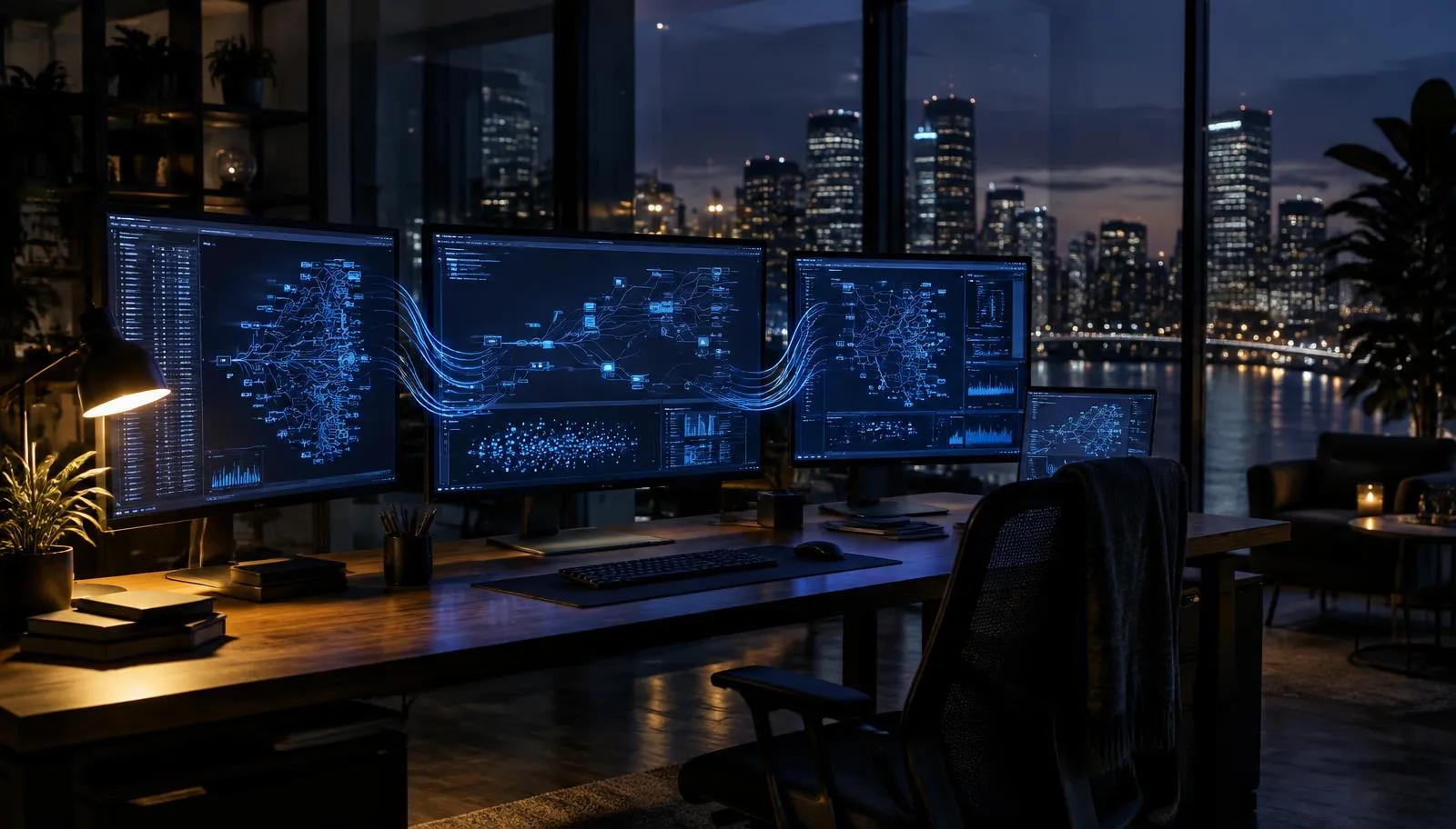 Data engineering workspace at dusk with branching blue data lineage graphs flowing across multiple screens.
