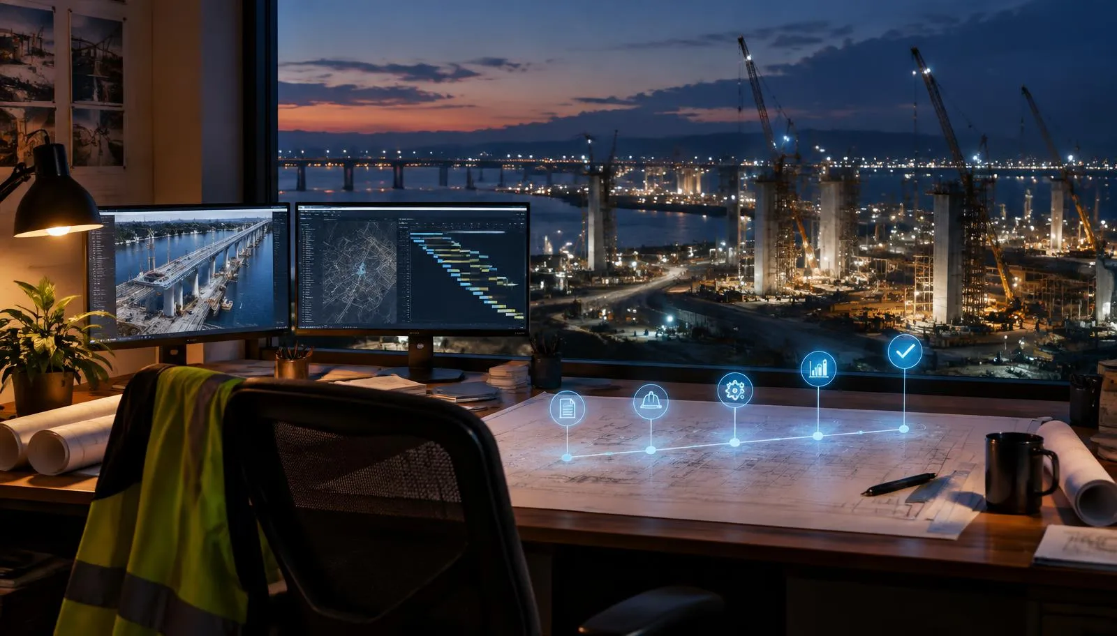 Project site office at dusk overlooking an illuminated construction site, with glowing blue workflow stages rising from paper drawings.