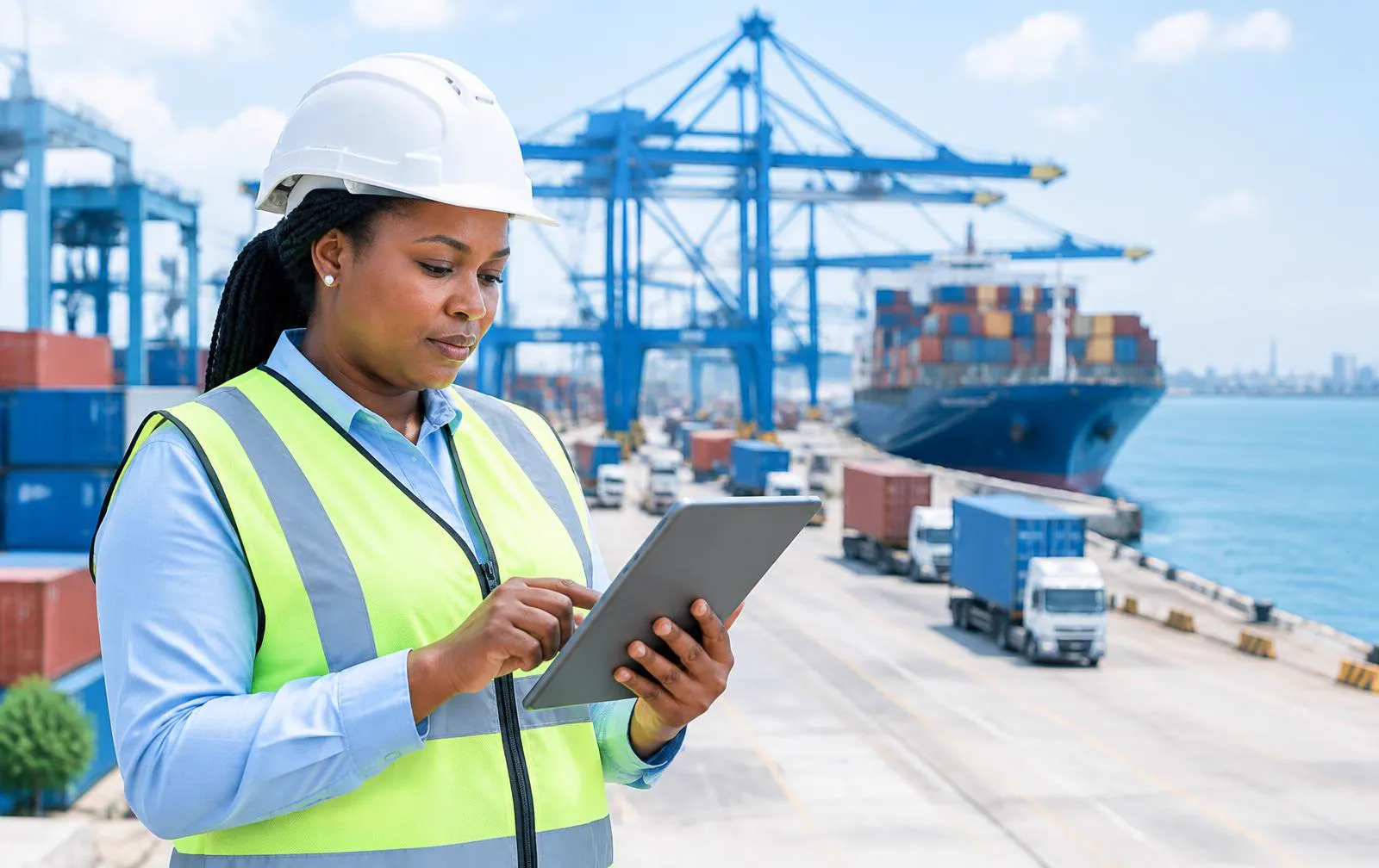 Operations manager reviewing freight fleet dispatch metrics at a modern African port terminal.