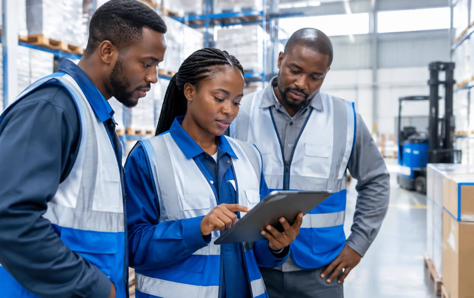 Warehouse operations team reviewing digital cargo manifest on a mobile tablet.