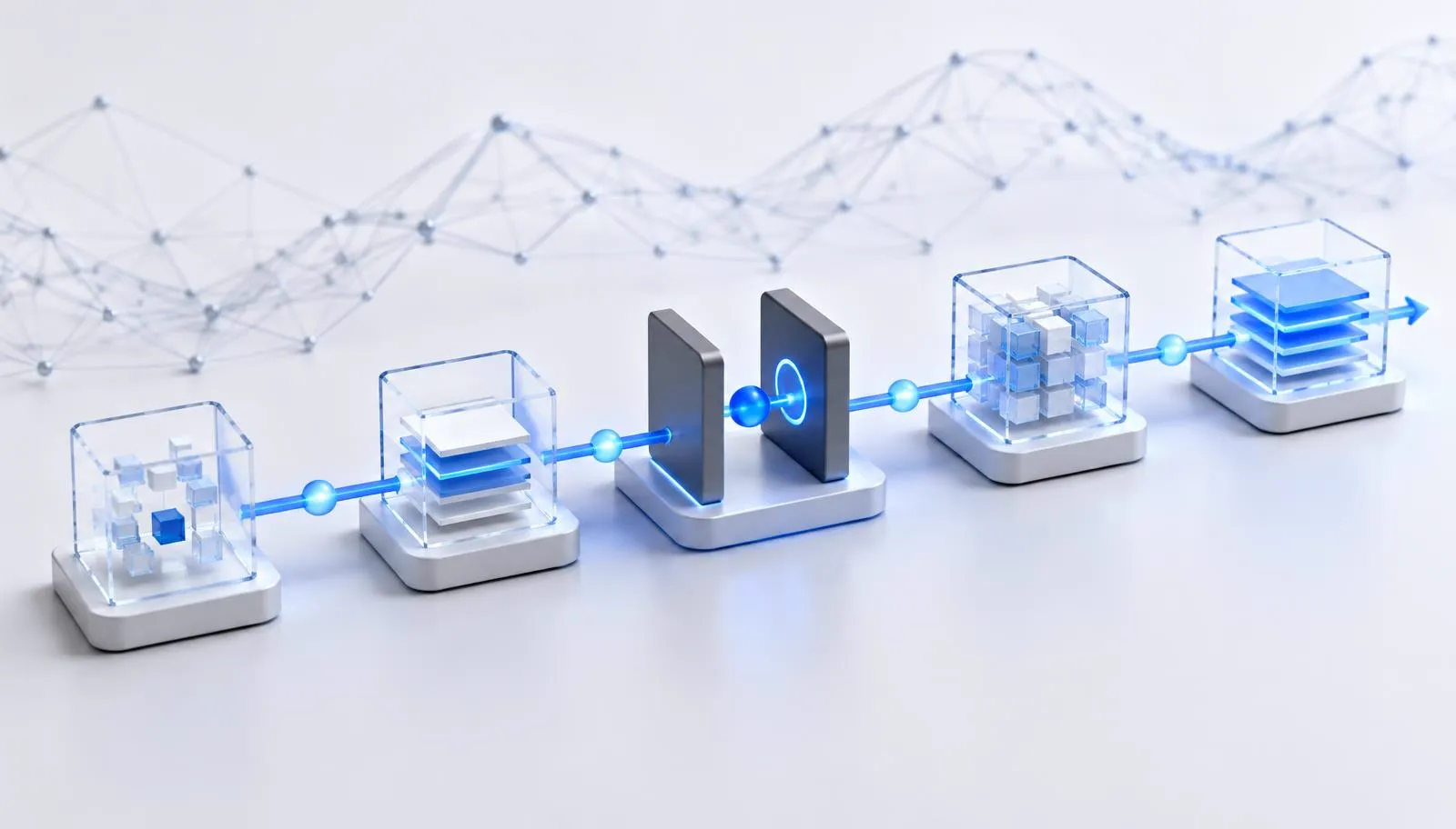 High-definition abstraction of an automated workflow passing through a review checkpoint before continuing.