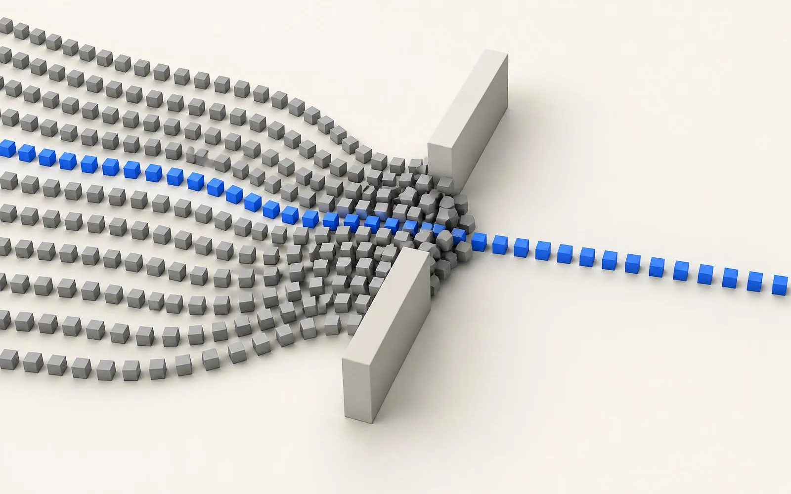 Abstract workstreams crowding at a constrained gate before flowing through a clean delivery path.
