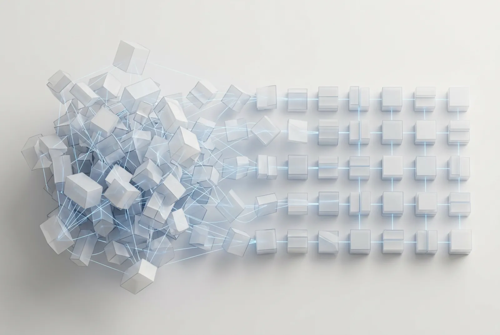 Abstract platform modules reorganizing from a tangled cluster into a clear modular grid.
