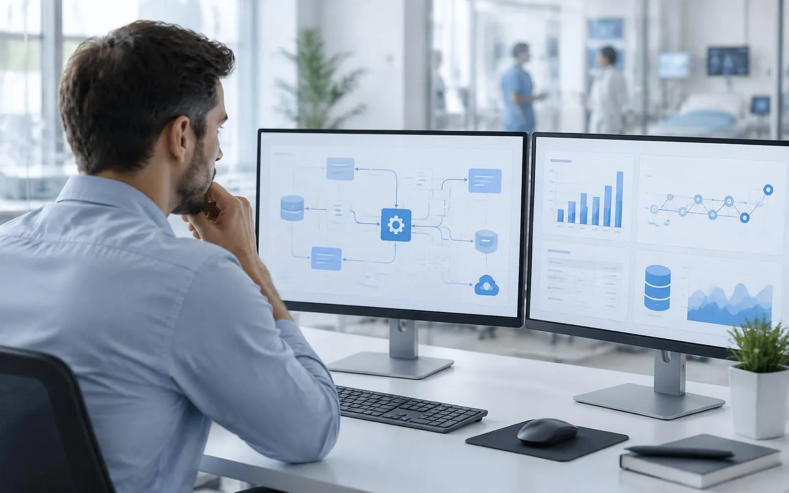 Data engineer reviewing data pipeline flow diagrams on dual monitors in a healthcare operations office.