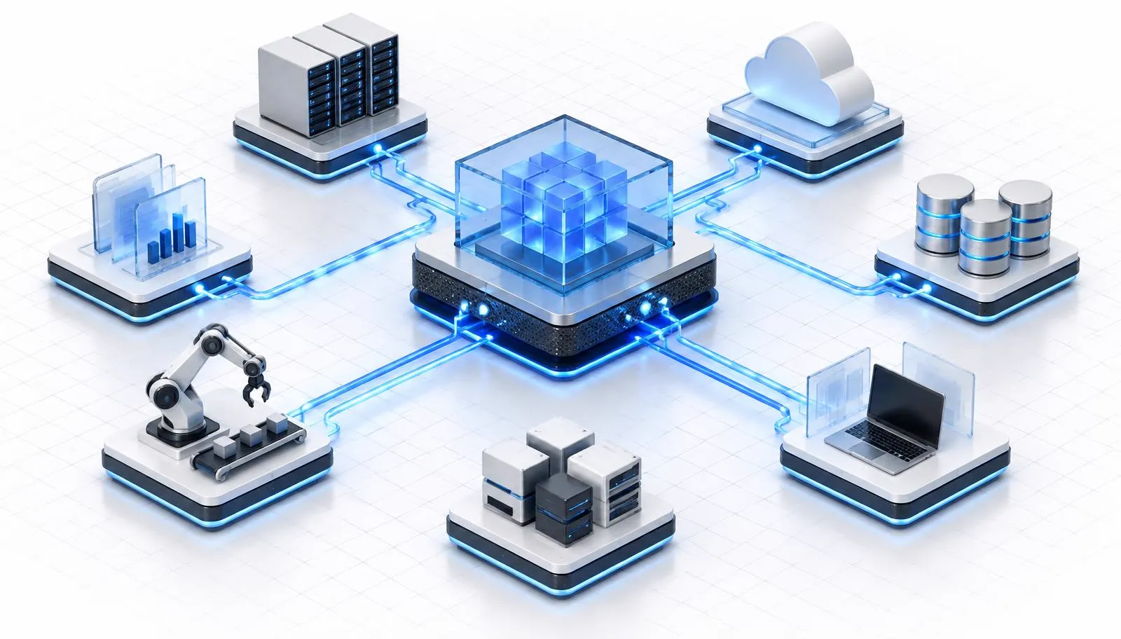 High-definition isometric view of separate business systems connected through a single controlled integration core.