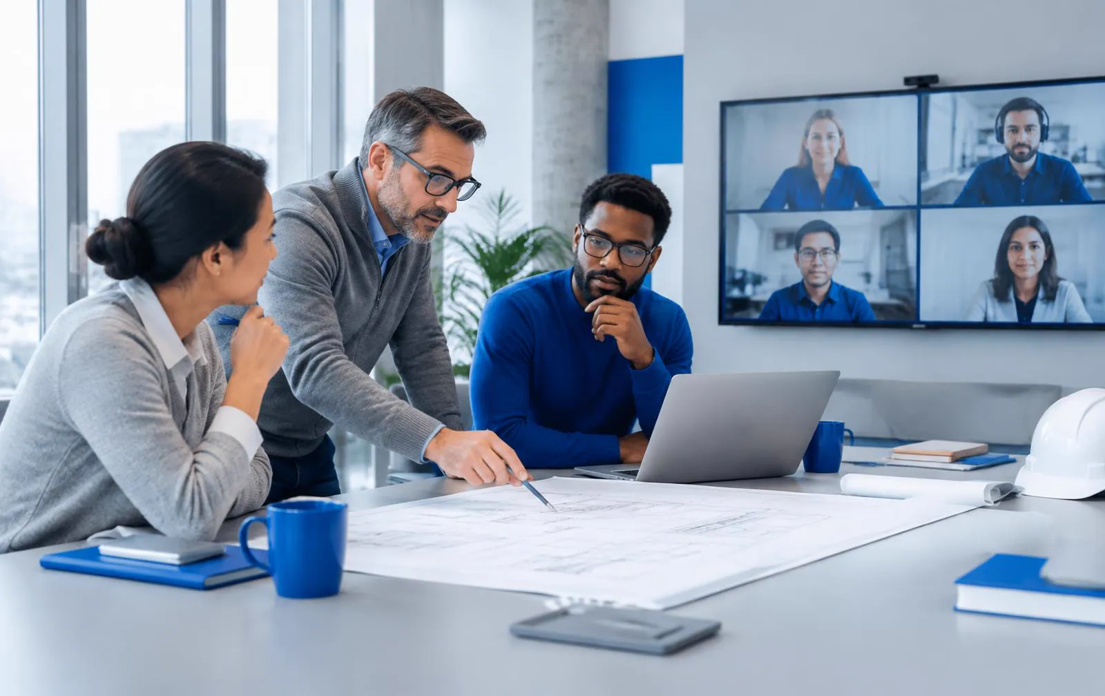 Distributed software engineering leadership reviewing architecture and delivery velocity.