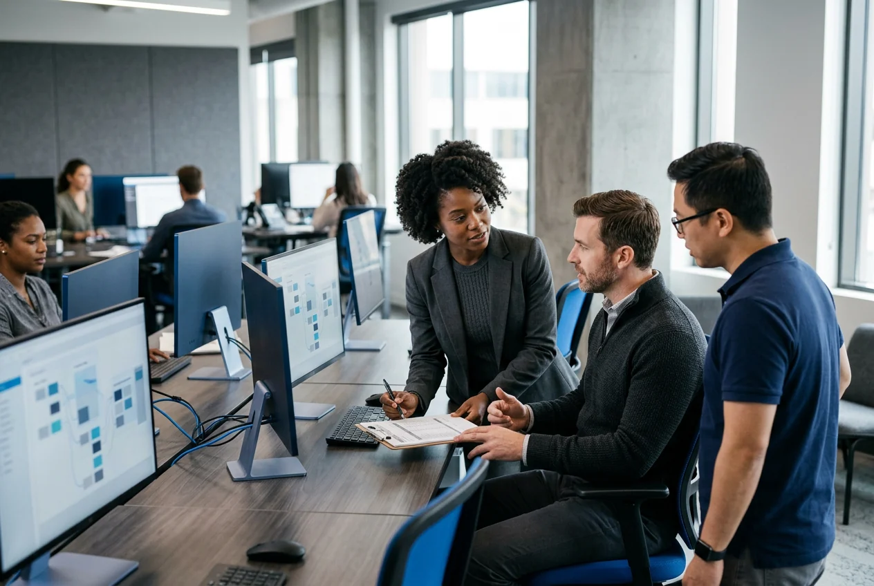 Operations team mapping a recurring workflow together in a modern office.